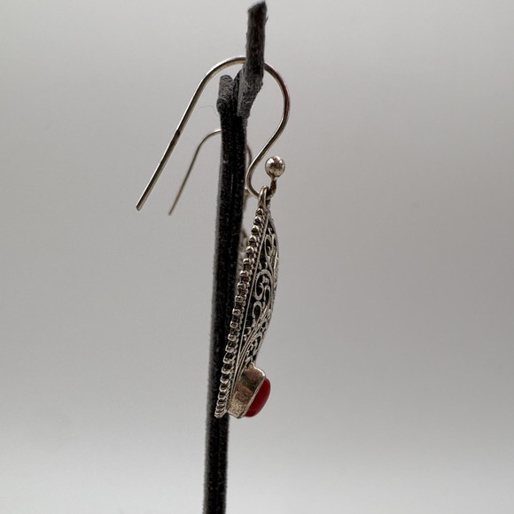 Sterling Silver Red Stone Teardrop Filigree Dangle Drop Earrings Pierced - Picture 2 of 7
